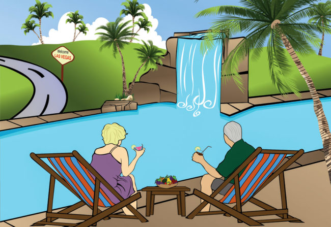 Why retire in Las Vegas – low taxes, no income tax, great weather, lots of things to do, little traffic, great airport. RetireNV Retired couple at Las Vegas pool